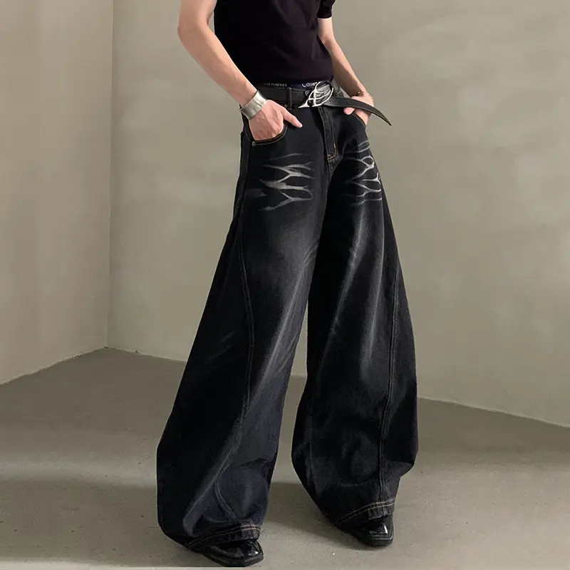 IEFB Simple Men Denim Pants Solid Color Washing Casual Wide Leg Trousers Straight All-match Loose Male Curved-knife Jeans 9W3826