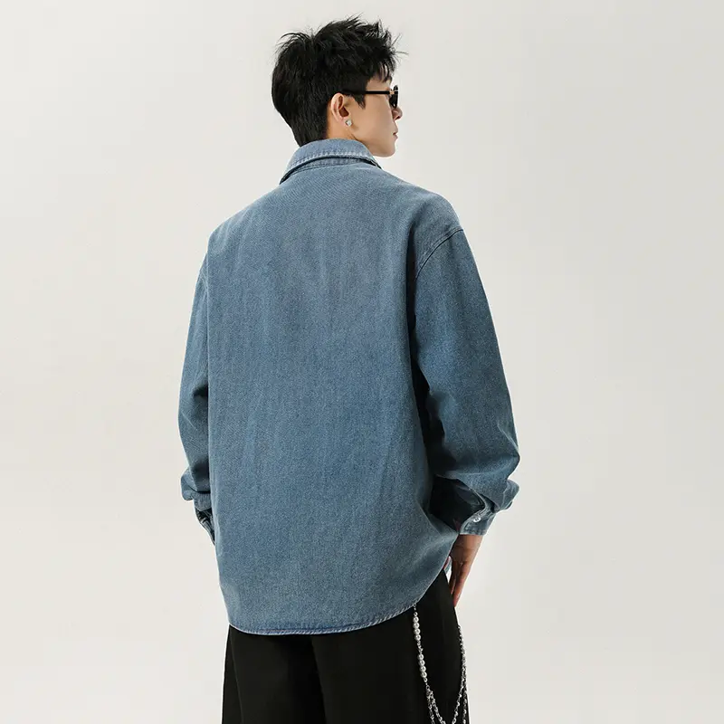 IEFB Korean Style Men's Denim Shirts Turn-down Collar Solid Color Washing Single Breasted Loose Long Sleeved Male Tops 9W4112