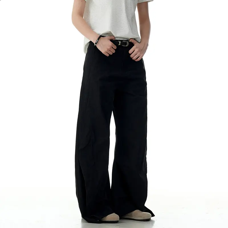 IEFB American Style Straight Pants Men's Washed Solid Color Vintage Pocket Loose Casual Wide Leg Floor Length Trousers 9W3249