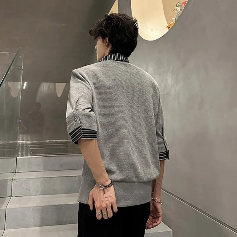 IEFB Turn-Down Collar Color Versatile Male Tees Striped Patchwork American Style Trendy Summer Men's Short Sleeve T-Shirt 9W4075