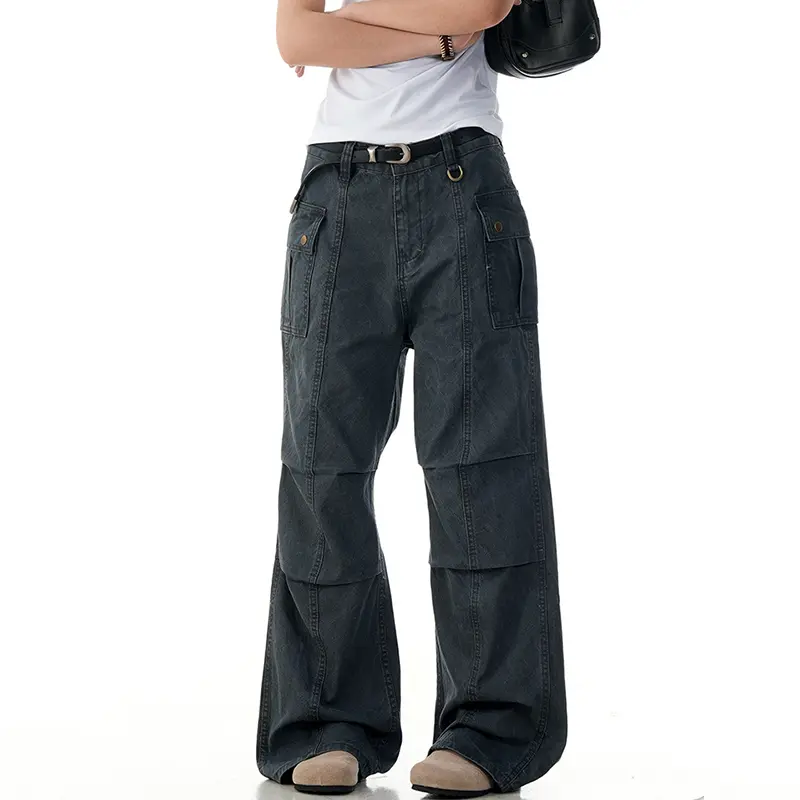 IEFB Simple Men's Casual Trousers Solid Color Pleated Design Side Pockets Cleanfit Washing Straight Wide Leg Male Bottom 9W2808