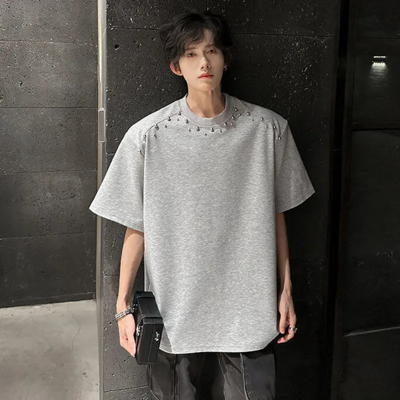 IEFB Korean Style Men's T-shirts Short Sleeved O-neck Handmade Diamonds Decoration Tees Loose Shoulder Pads Male Tops 9W3366