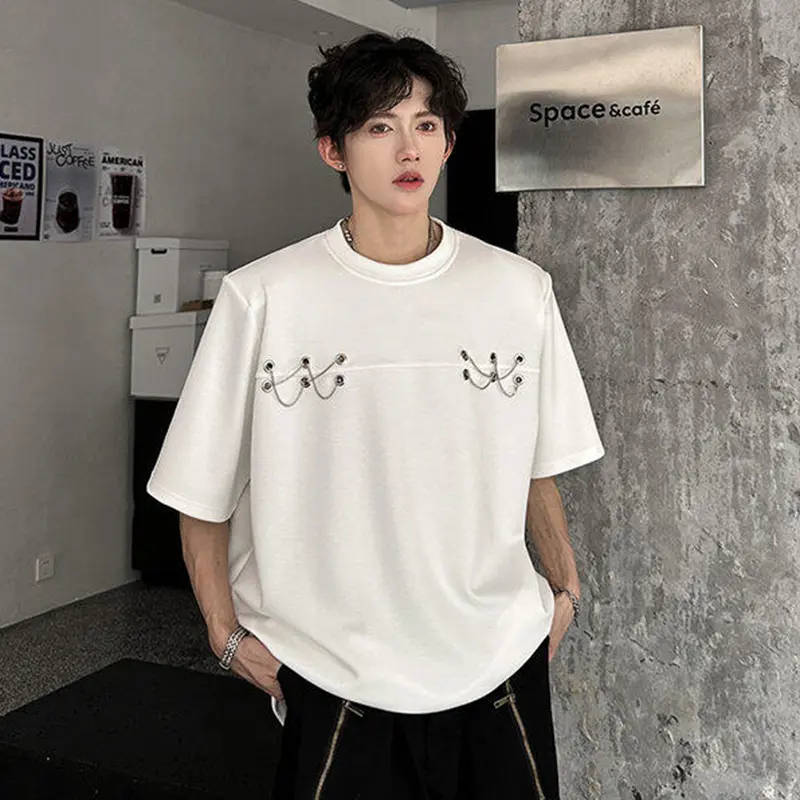 IEFB Summer O-Neck T-Shirt Trendy Men's Top Metal Chain Rope Design American Style Padded Shoulder Short Sleeve Tees 9W3599