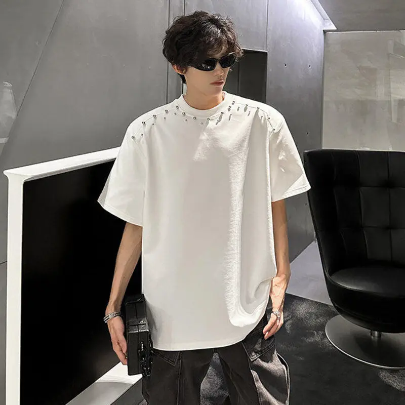IEFB Korean Style Men's T-shirts Short Sleeved O-neck Handmade Diamonds Decoration Tees Loose Shoulder Pads Male Tops 9W3366