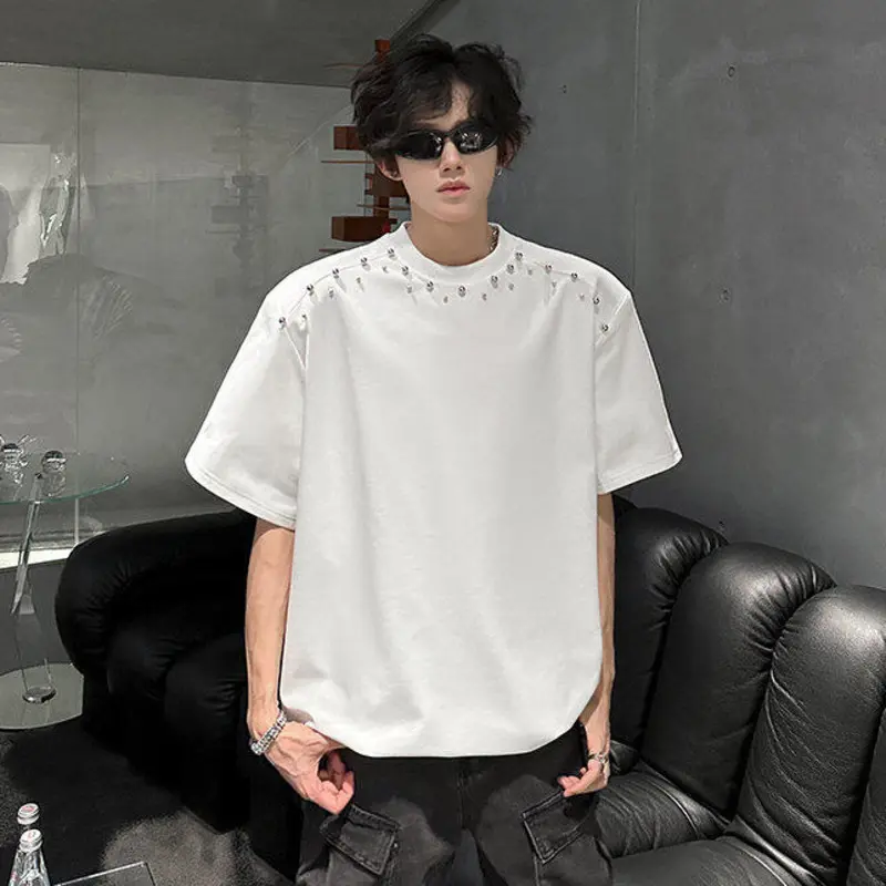 IEFB Korean Style Men's T-shirts Short Sleeved O-neck Handmade Diamonds Decoration Tees Loose Shoulder Pads Male Tops 9W3366