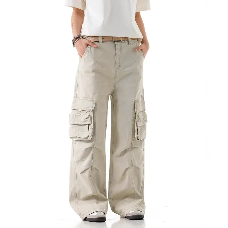 IEFB Deconstructive Multi Pockets Cargo Pants Men Loose Straight Leg American Pleated Design Overalls Summer Solid Color 9W3012