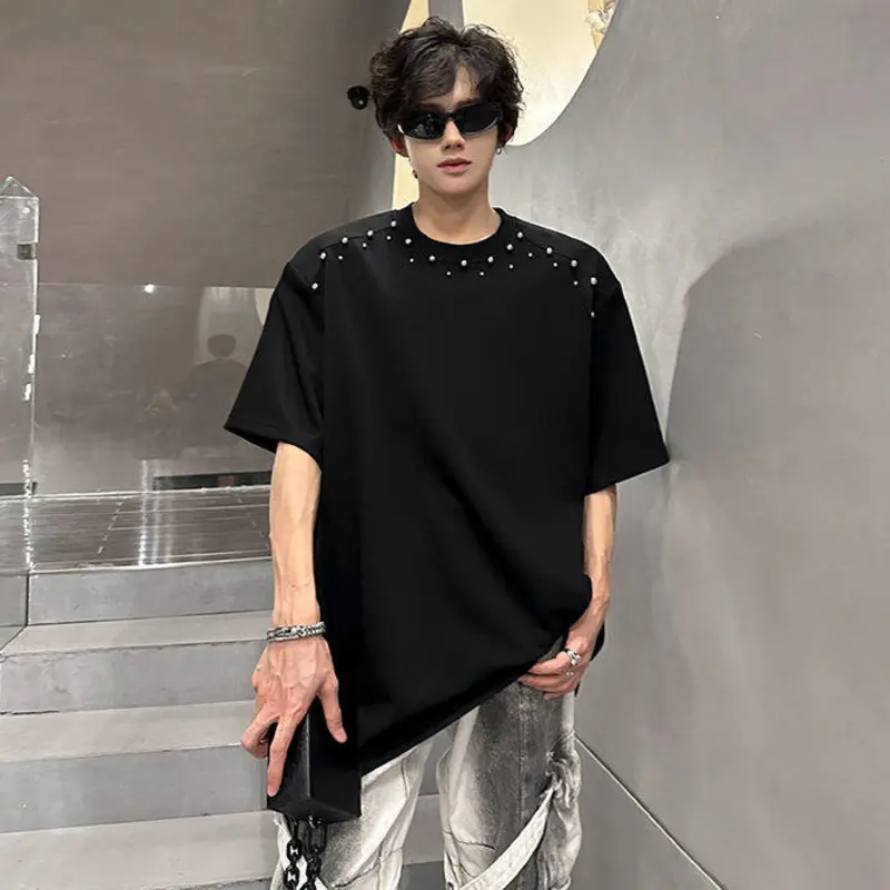 IEFB Korean Style Men's T-shirts Short Sleeved O-neck Handmade Diamonds Decoration Tees Loose Shoulder Pads Male Tops 9W3366