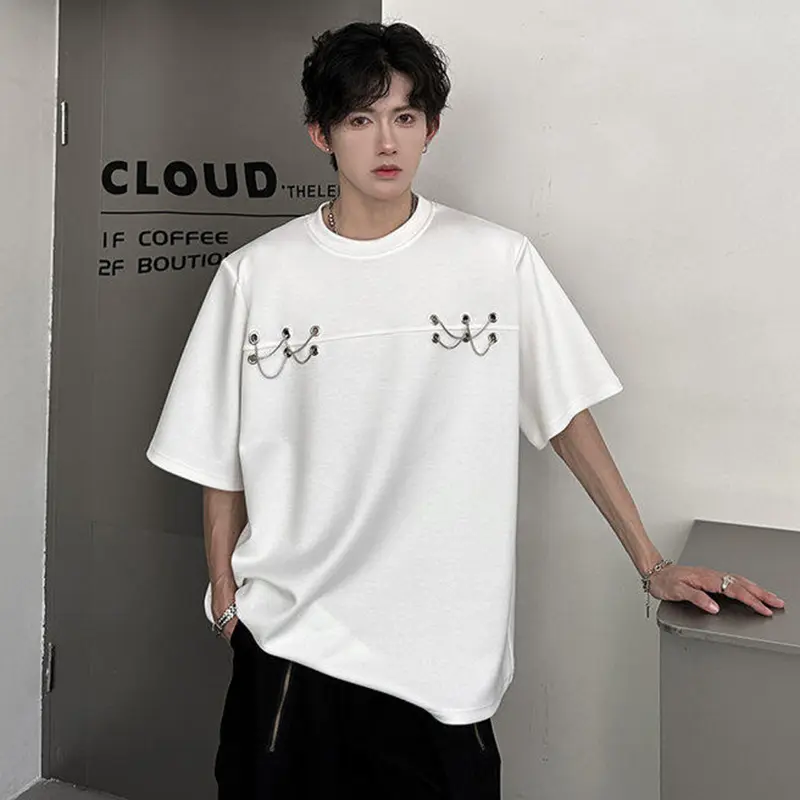 IEFB Summer O-Neck T-Shirt Trendy Men's Top Metal Chain Rope Design American Style Padded Shoulder Short Sleeve Tees 9W3599