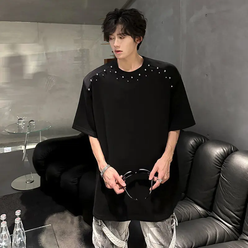 IEFB Korean Style Men's T-shirts Short Sleeved O-neck Handmade Diamonds Decoration Tees Loose Shoulder Pads Male Tops 9W3366