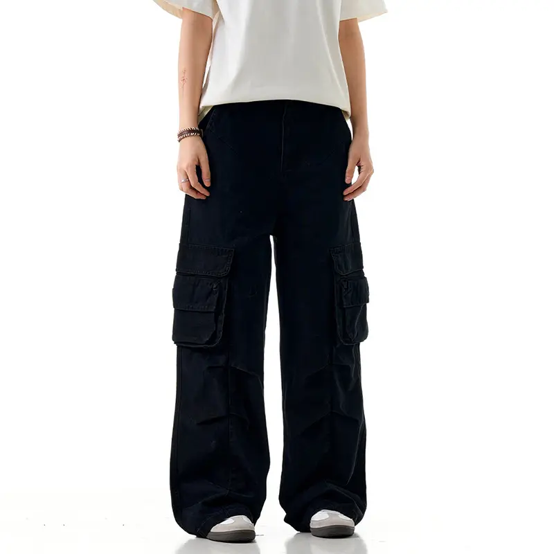 IEFB Deconstructive Multi Pockets Cargo Pants Men Loose Straight Leg American Pleated Design Overalls Summer Solid Color 9W3012
