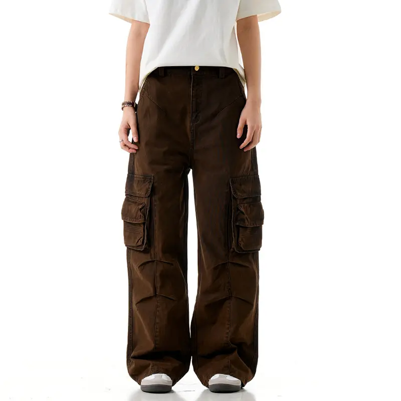 IEFB Deconstructive Multi Pockets Cargo Pants Men Loose Straight Leg American Pleated Design Overalls Summer Solid Color 9W3012