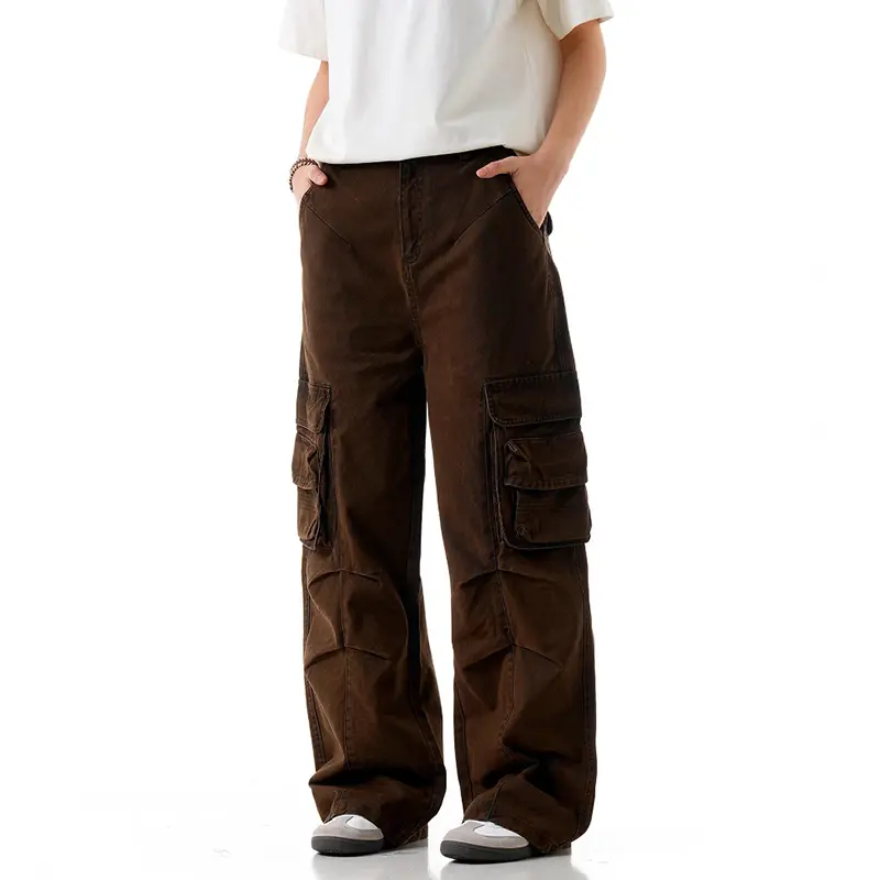 IEFB Deconstructive Multi Pockets Cargo Pants Men Loose Straight Leg American Pleated Design Overalls Summer Solid Color 9W3012