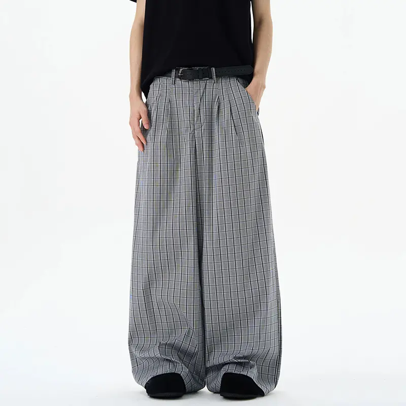 IEFB American Style Men's Casual Pants Casual Plaid Design Straight Leg New Trousers Wide-leg Contrast Color Male Bottom 9W4058