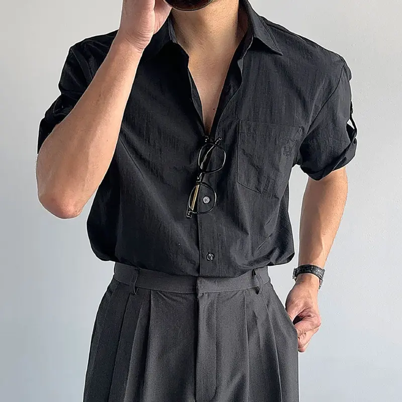 IEFB Simple Men's Shirts Turn-down Collar Short Sleeved Casual Korean Style Solid Color Single Breasted Loose Male Tops 9W4261
