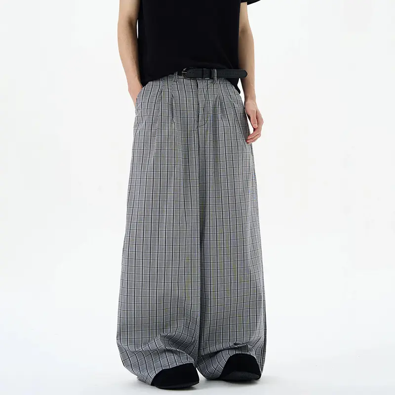 IEFB American Style Men's Casual Pants Casual Plaid Design Straight Leg New Trousers Wide-leg Contrast Color Male Bottom 9W4058