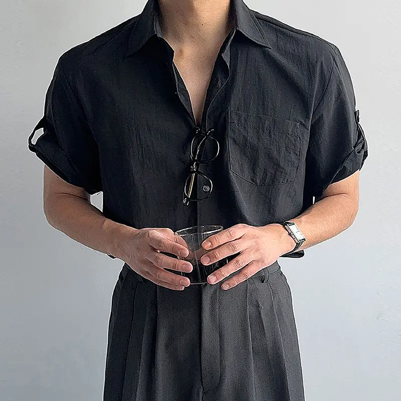 IEFB Simple Men's Shirts Turn-down Collar Short Sleeved Casual Korean Style Solid Color Single Breasted Loose Male Tops 9W4261