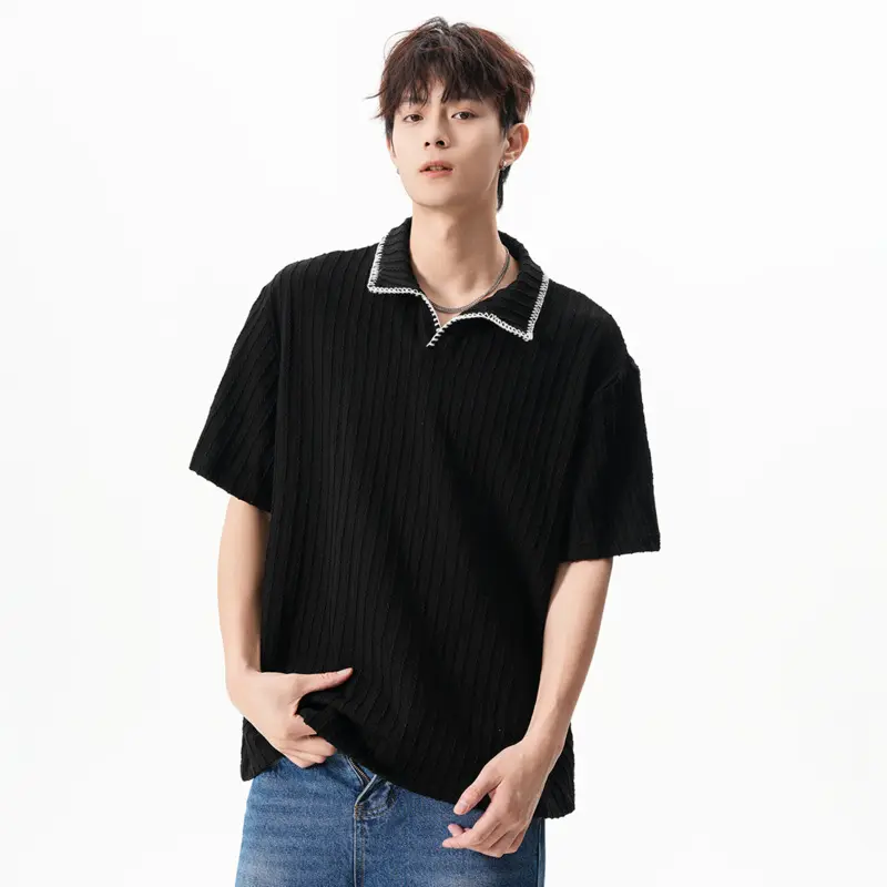 IEFB Men's T-shirts Turn-down Collar Korean Style Texture Solid Color Casual Tees Short Sleeved Cleanfit Loose Male Tops 9W3525