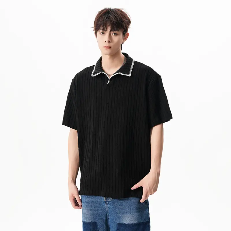 IEFB Men's T-shirts Turn-down Collar Korean Style Texture Solid Color Casual Tees Short Sleeved Cleanfit Loose Male Tops 9W3525
