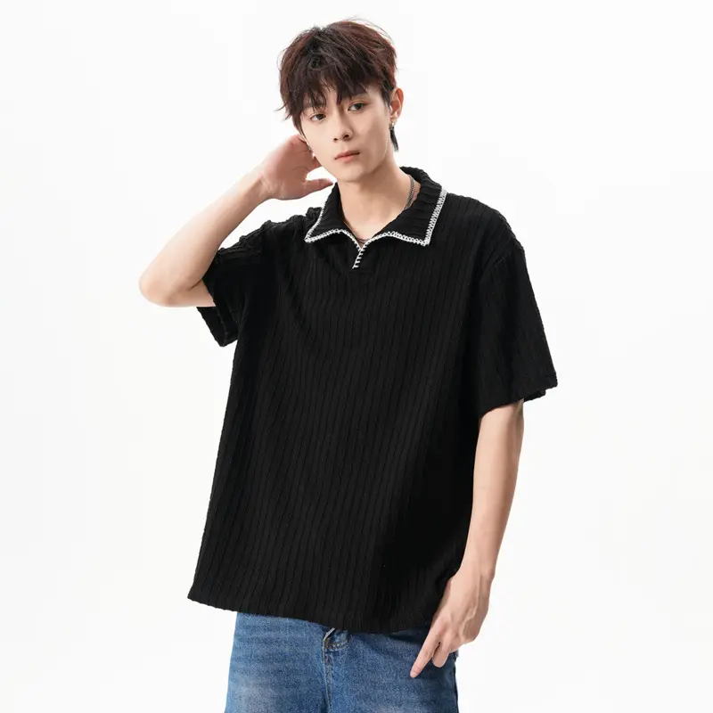 IEFB Men's T-shirts Turn-down Collar Korean Style Texture Solid Color Casual Tees Short Sleeved Cleanfit Loose Male Tops 9W3525