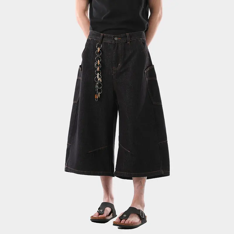 IEFB American Style Men's Denim Shorts Solid Color Side Pocket Washing All-match Straight Leg Loose Male Trousers Summer 9W3976