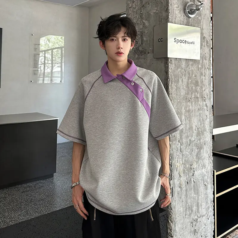 IEFB New Fashion Summer Men's T-shirts Structural Patchwork Color Block American Style Half Sleeve Lapel Short Sleeve Top 9W3596