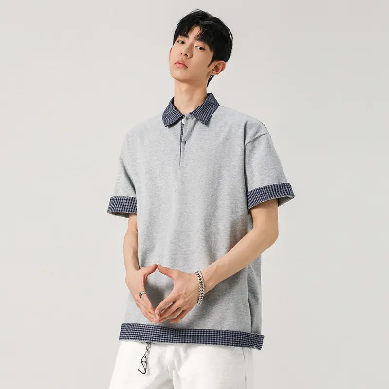 IEFB Fake Two-piece Men's Tops Turn-down Collar Plaid Contrast Color Short Sleeved Tees Casual Button Male Niche T-shirts 9W2880