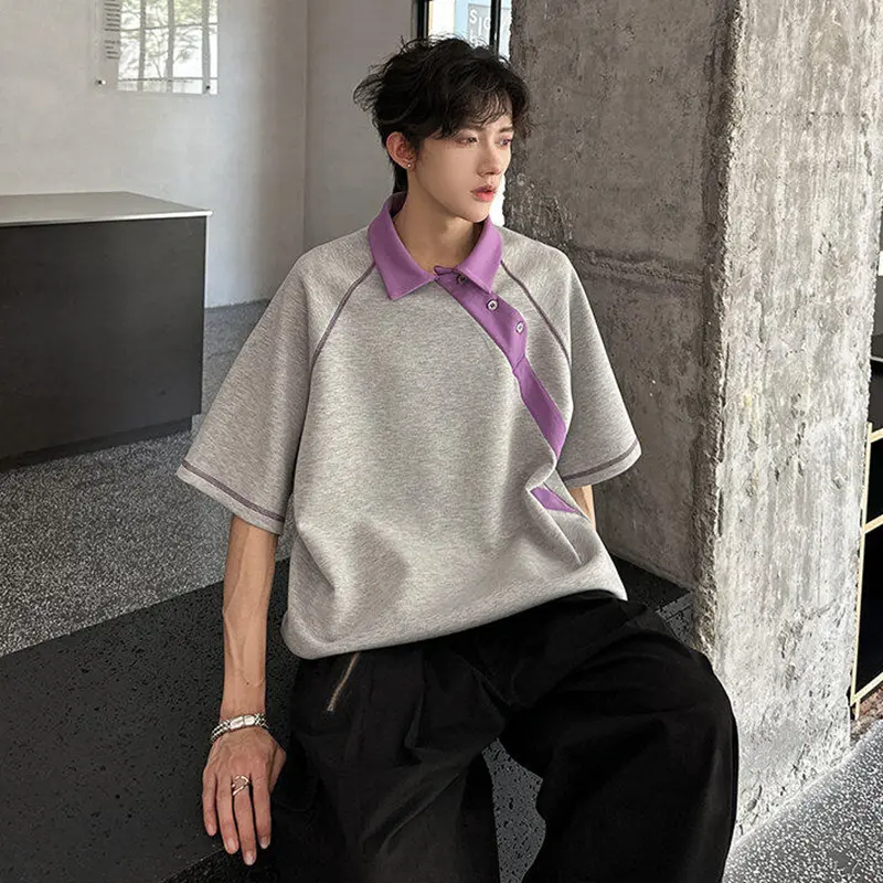 IEFB New Fashion Summer Men's T-shirts Structural Patchwork Color Block American Style Half Sleeve Lapel Short Sleeve Top 9W3596