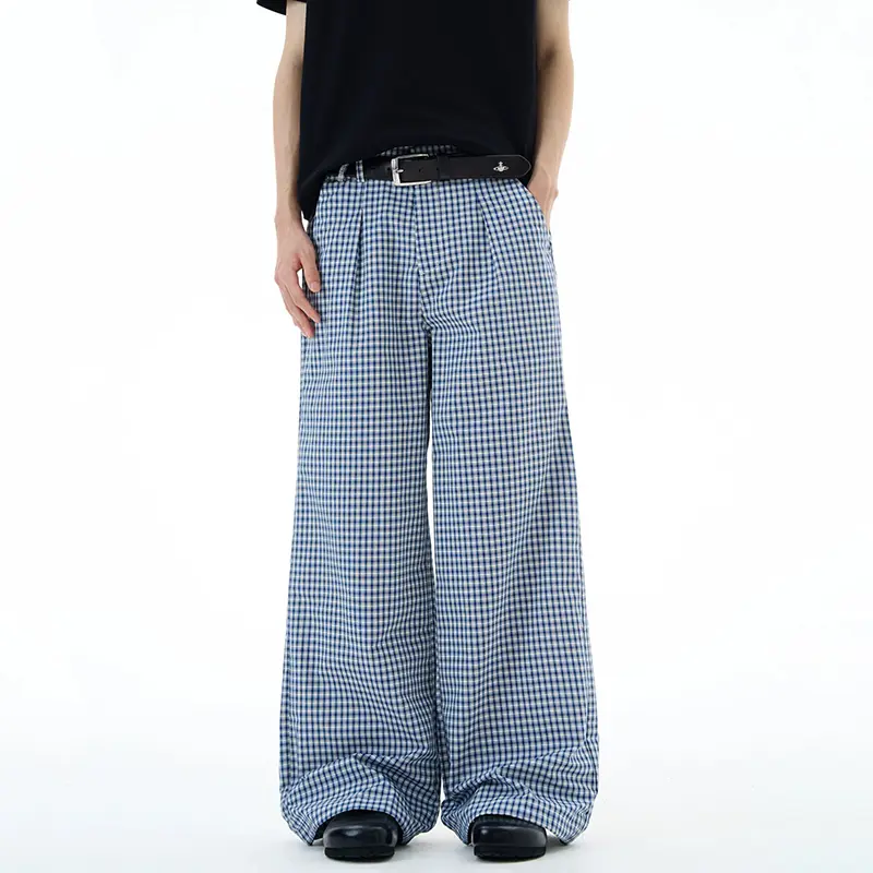IEFB Pleated Design Men's Casual Trousers Plaid Contrast Color American Style Bottom Straight Leg Loose Male Pants Summer 9W4061