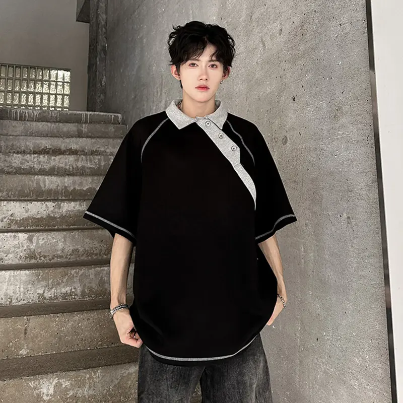 IEFB New Fashion Summer Men's T-shirts Structural Patchwork Color Block American Style Half Sleeve Lapel Short Sleeve Top 9W3596