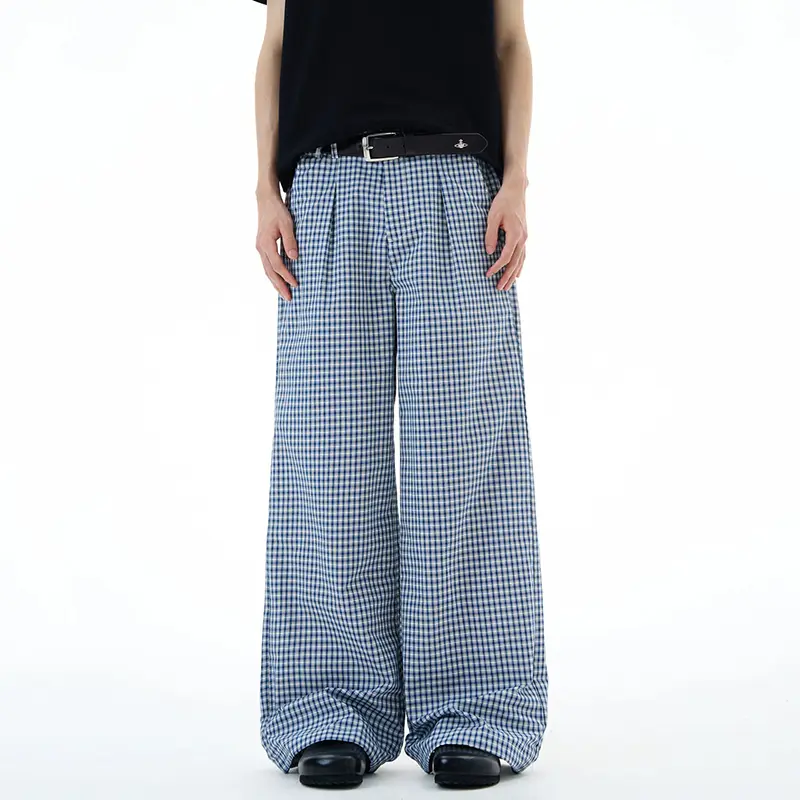 IEFB Pleated Design Men's Casual Trousers Plaid Contrast Color American Style Bottom Straight Leg Loose Male Pants Summer 9W4061