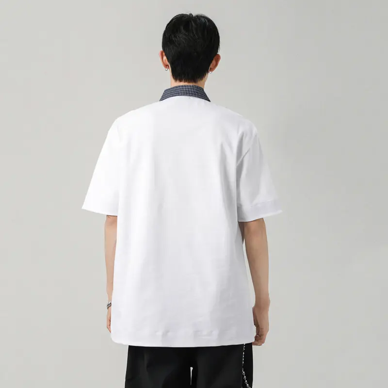 IEFB Fake Two-piece Men's Tops Turn-down Collar Plaid Contrast Color Short Sleeved Tees Casual Button Male Niche T-shirts 9W2880