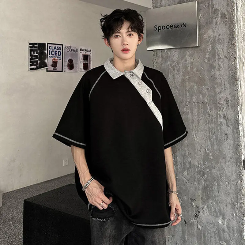 IEFB New Fashion Summer Men's T-shirts Structural Patchwork Color Block American Style Half Sleeve Lapel Short Sleeve Top 9W3596
