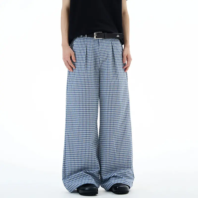 IEFB Pleated Design Men's Casual Trousers Plaid Contrast Color American Style Bottom Straight Leg Loose Male Pants Summer 9W4061