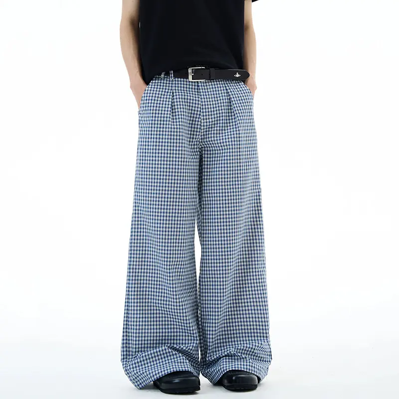 IEFB Pleated Design Men's Casual Trousers Plaid Contrast Color American Style Bottom Straight Leg Loose Male Pants Summer 9W4061