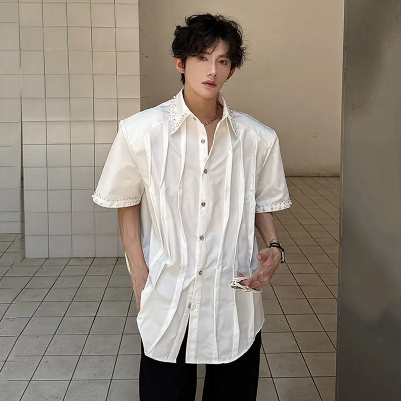 IEFB Summer Men's Shirts Metal Rivets Design Solid Color Pleated Casual Menswear Short Sleeve Single Breasted Male Tops 9W3606