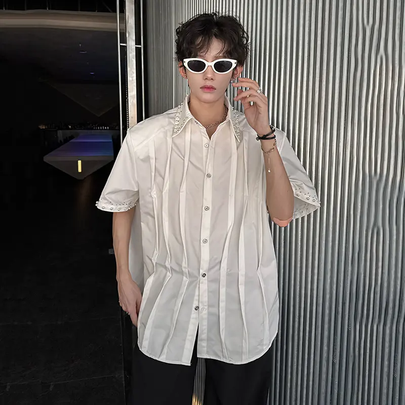 IEFB Summer Men's Shirts Metal Rivets Design Solid Color Pleated Casual Menswear Short Sleeve Single Breasted Male Tops 9W3606