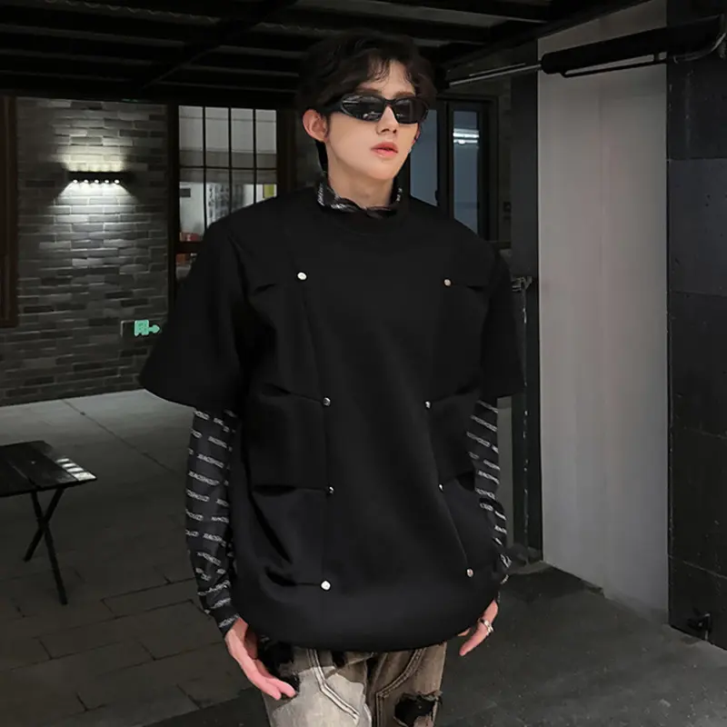 IEFB Summer Half Sleeves Top Shoulder Pads Niche Design Pleated Silhouette Metal Men T-shirt New Trendy Men's Tees 9W3738
