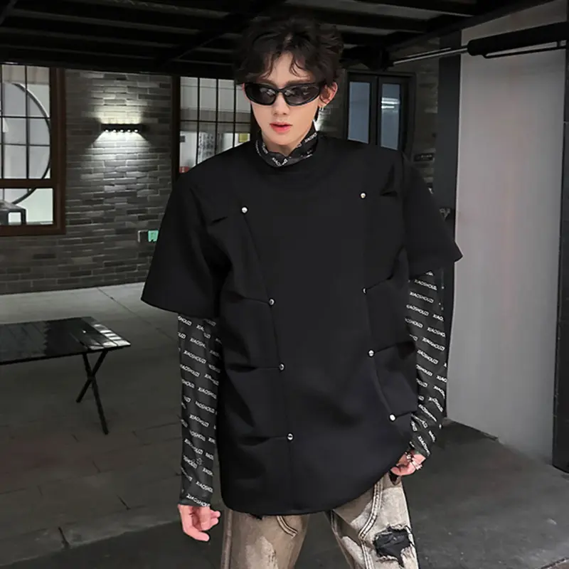 IEFB Summer Half Sleeves Top Shoulder Pads Niche Design Pleated Silhouette Metal Men T-shirt New Trendy Men's Tees 9W3738