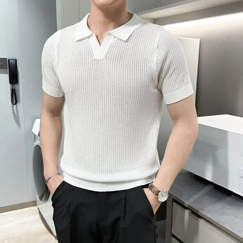 IEFB business casual men's t-shirts solid color lapel short sleeved knitted menswear hollow out loose male tees summer 9W2827