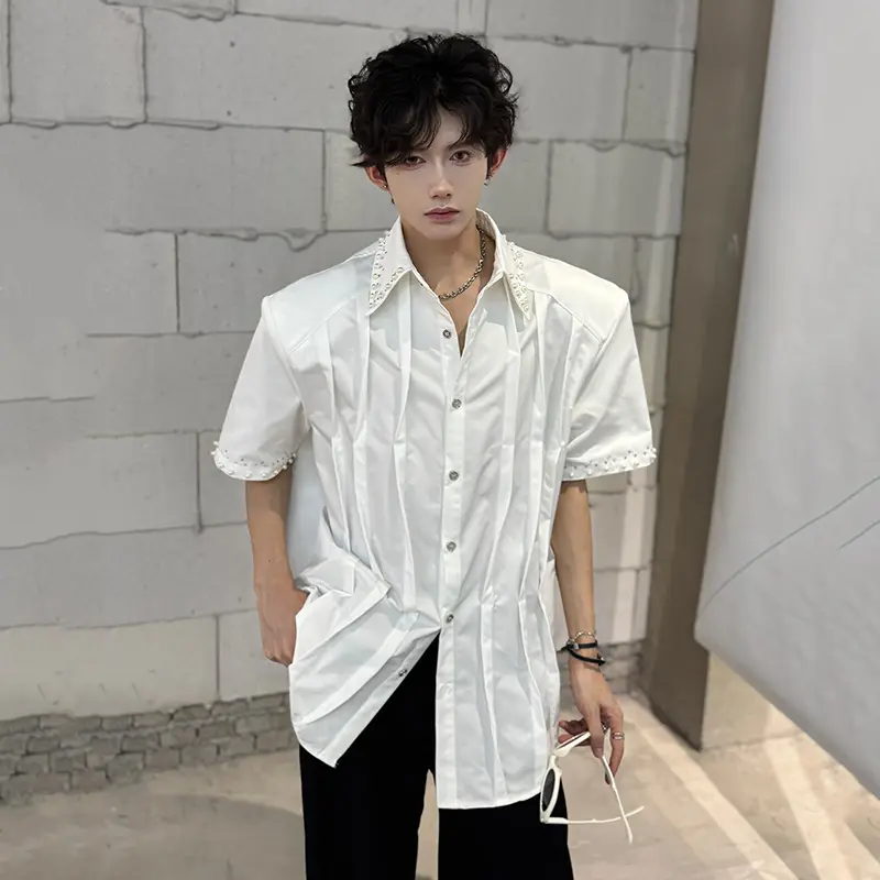 IEFB Summer Men's Shirts Metal Rivets Design Solid Color Pleated Casual Menswear Short Sleeve Single Breasted Male Tops 9W3606