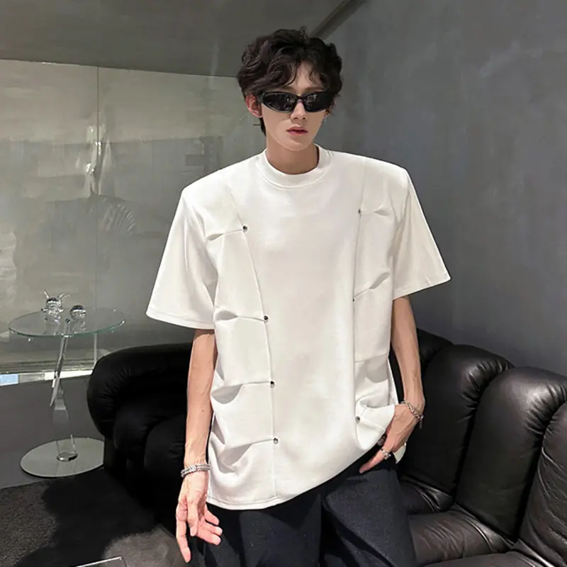 IEFB Summer Half Sleeves Top Shoulder Pads Niche Design Pleated Silhouette Metal Men T-shirt New Trendy Men's Tees 9W3738