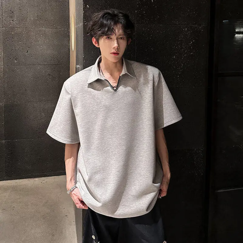 IEFB Stitched Men's Tees Shoulder Pad Design Summer Short Sleeve Turn-down Collar Solid Color Korean Style Male T-shirts 9W3328