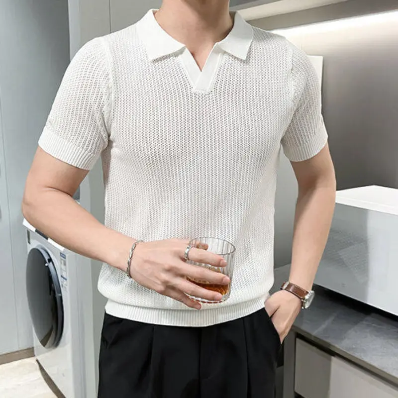 IEFB business casual men's t-shirts solid color lapel short sleeved knitted menswear hollow out loose male tees summer 9W2827