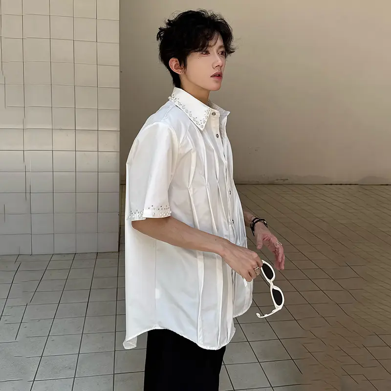 IEFB Summer Men's Shirts Metal Rivets Design Solid Color Pleated Casual Menswear Short Sleeve Single Breasted Male Tops 9W3606