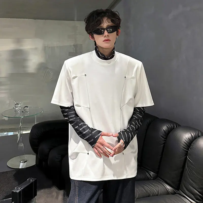 IEFB Summer Half Sleeves Top Shoulder Pads Niche Design Pleated Silhouette Metal Men T-shirt New Trendy Men's Tees 9W3738