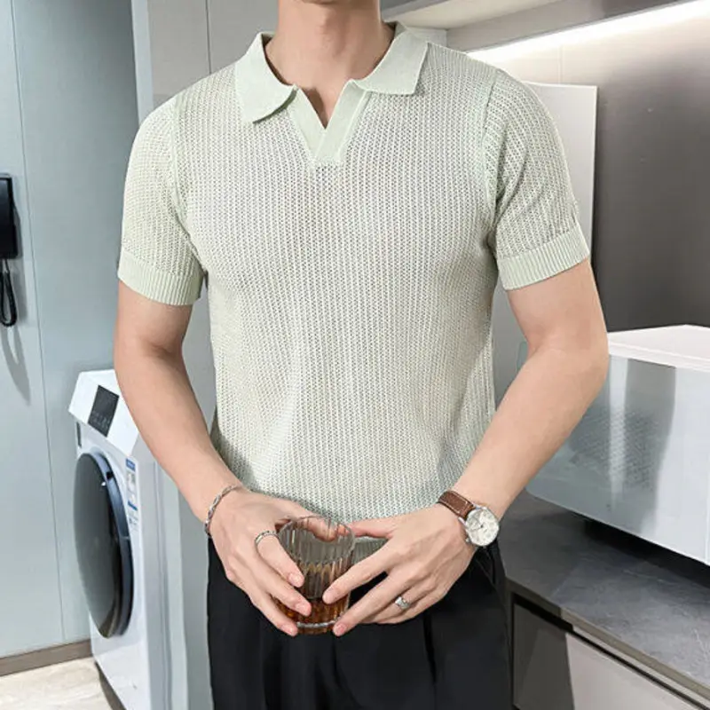 IEFB business casual men's t-shirts solid color lapel short sleeved knitted menswear hollow out loose male tees summer 9W2827
