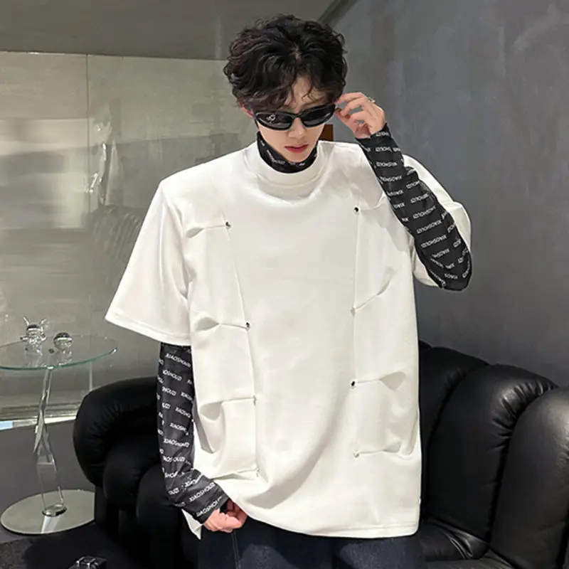 IEFB Summer Half Sleeves Top Shoulder Pads Niche Design Pleated Silhouette Metal Men T-shirt New Trendy Men's Tees 9W3738
