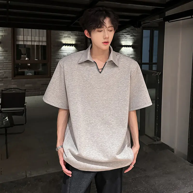 IEFB Stitched Men's Tees Shoulder Pad Design Summer Short Sleeve Turn-down Collar Solid Color Korean Style Male T-shirts 9W3328