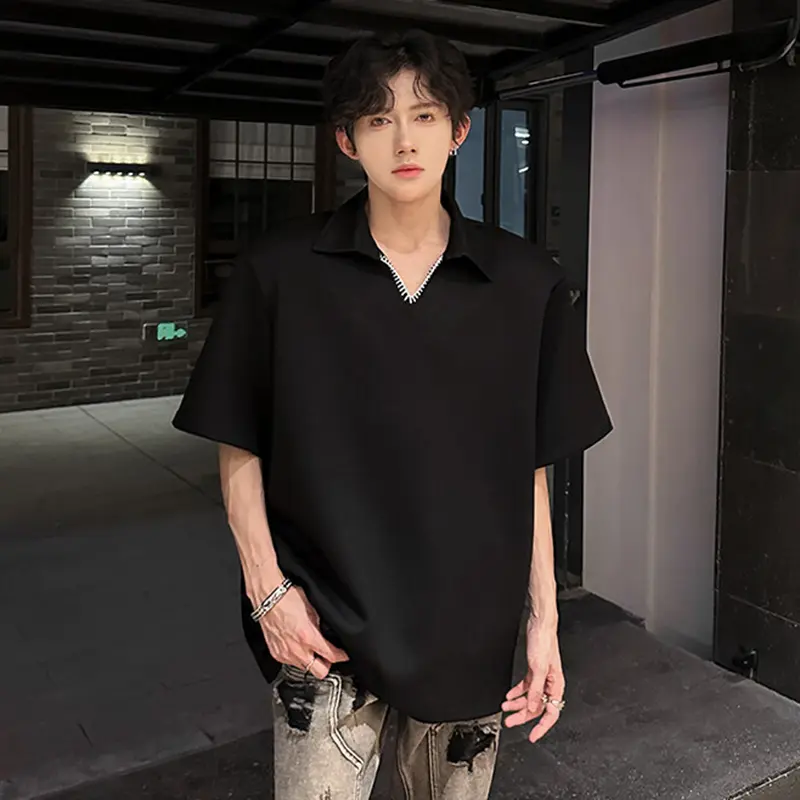 IEFB Stitched Men's Tees Shoulder Pad Design Summer Short Sleeve Turn-down Collar Solid Color Korean Style Male T-shirts 9W3328