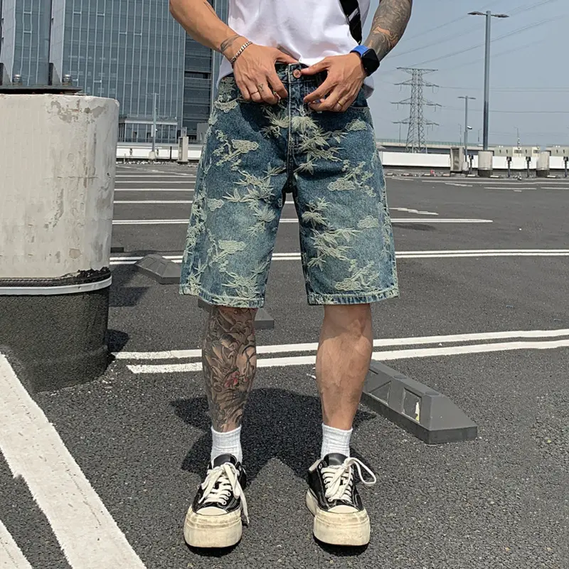 IEFB Jacquard Denim Shorts Chinese Style Straight Five-Point Pants Trendy Mid-Length Jeans New Fashion Tide Summer 9W3274